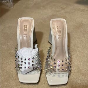 Schutz White Studded Heels with Iridescent Accents